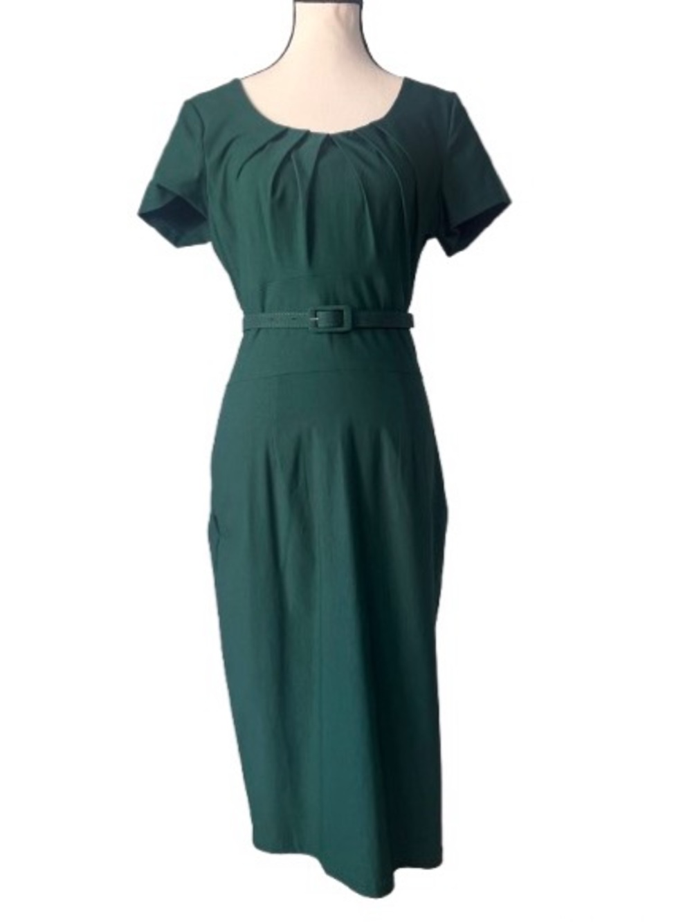 Elegant Deep Green Pleated Scoop Midi Dress.  Size— Large